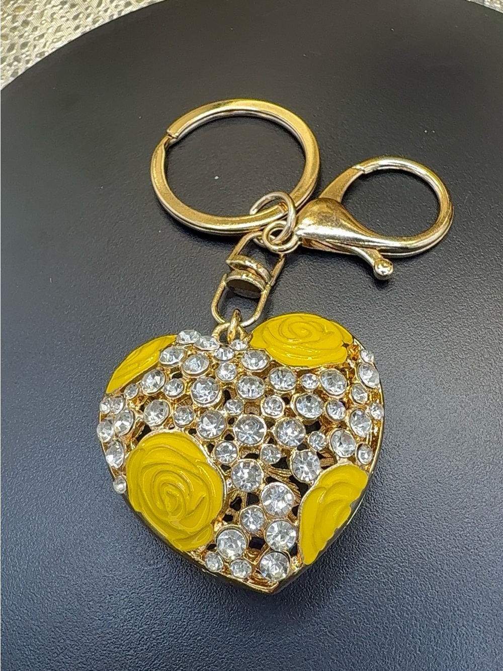 Gold Heart Keychain with Yellow Rose Accents